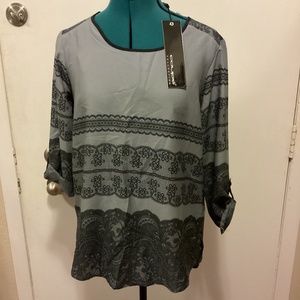 Coupe Collection Womens Blouse.Med Grey w/Black print Lace  Roll/Long Sleeves